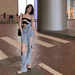 Women's Jeans Style High Waist Ripped Suspenders Tooling Trouser's Loose and Thin Allmatch Denim Straight Wideleg Mopping Pants 230422