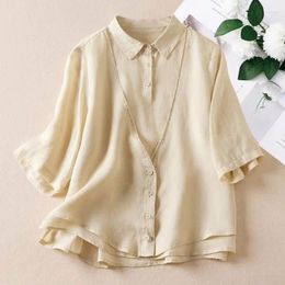 Women's Blouses Cotton Linen Shirts For Women Vintage Short Sleeve Loose Casual Korean Style Single Breasted Polo-neck Blouse Office Tops