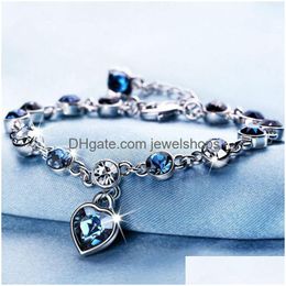 Charm Bracelets Luxury Austrian Crystal Bracelets Fl Blue Diamond Heart Of The Sea Love Rhinestone Fashion Sier Plated Charm Jewelry G Dhiui