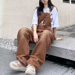Women's Jeans Brown embroidered suspenders female outdoor artist sketching cargo pants spring summer loose straight jeans onepiece trousers 230422