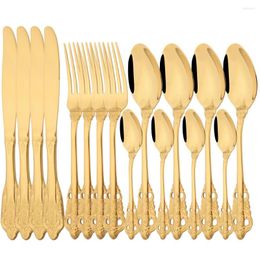 Dinnerware Sets Drmfiy 16Pcs Gold Western Knife Fork Tea Spoon Flatware Set Sliverware Stainless Steel Cutlery Dishwasher Safe