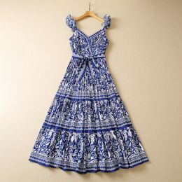European and American women's dress 2023 summer new style Sleeveless blue printed V-neck Fashion cotton pleated dress