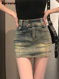 Skirts Cotvotee High Waisted Mini Skirt 2 Button New Fashion Vintage Streetwear Solid Skirts for Women 2023 Chic Slim Y2k Denim Skirt P230422