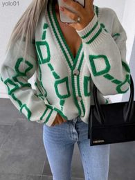 Women's Sweaters 2023 Autumn Winter Knitted Cardigan Fashion Women Long Sle Loose V-Neck Sweater Thick Warm Fe Green Casual Print CardiganL231122