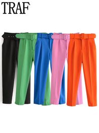 Women's Pants Capris TRAF Orange Pencil Pants Women Black High Waisted Woman Trousers Autumn Office Wear Pants for Women Belt Casual Women's Pants 230422