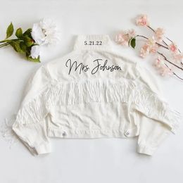 Women's Jackets White Fringe Mrs Personalised Denim Jacket Custom Bride Jean Jacket Wedding Jacket Bridal Engagement Gift Cowgirl Jacket 231121