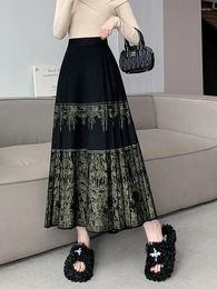 Skirts Vintage Knitted Long Skirt For Women 2023 Autumn Winter Thick Warm Elegant A Line High Waist Pleated Maxi Female Z452