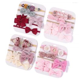 Hair Accessories 5pcs/Lot Nylon Elastic Bow Headband Baby Solid Knot Flower Fabric Hairbow Set Kids HairBands Handmade Girls