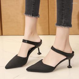 Dress Shoes Pointed High Heels Knitted Elastic Mesh Sandals Women Slip-On Mixed Colours Pumps Thin Shallow Summer Large Size