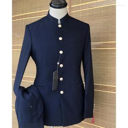 Men's Suits Stand Collar Navy Blue For Men 2 Piece Slim Fit Blazer Sets Gold Buttons Wedding Groom Formal Outfits Tuxedo Tailor Made