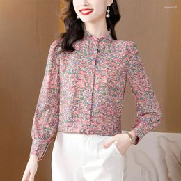 Women's Blouses Fashion Elegant Printing Single-breasted Blouse Women Classic Long Sleeve Office Stand Collar Korean All-match Shirt N310