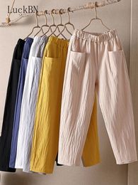 Women's Pants Capris Summer Fashion Cotton Linen Harem Pants Women Large size 4XL Loose High Waist Elastic Ankle-length Pants Solid Lady Casual Pants 230422