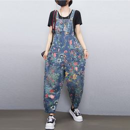 Women's Jumpsuits Rompers Fashion Streetwear Print Floral Denim Jumpsuit Women Casual Loose Wide Leg Pants Rompers Big Size Pockets Straps Jeans Overalls 230422