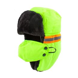 Trapper Hats Mens Fluorescent Reflective Safety Hat Winter Hiking Outdoor Neon Thermal Plush Lining Thickend Windproof 231122