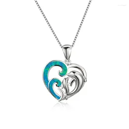 Pendants Cute Dolphin Pendant White Blue Fire Opal Heart Wave Necklaces For Women 925 Sterling Silver Animal Jewellery Wedding