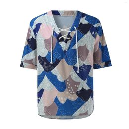 Men's T Shirts Mens Casual Lace Up Undersea Style Printed V Neck Shirt
