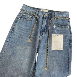 Модные женские джинсы Cnl до колена с вышивкой металлической цепочкой Джинсовые хлопковые прямые брюки Дизайнерская женская одежда оптового бренда