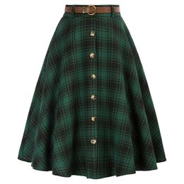 Skirts Belle Poque Women Swing Plaid Midi Skirt With Belt Elastic High Waist Buttons Decorat Vintage Pleated Skirt With Pockets Belt 230422