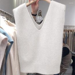 Women's Vests 2023 Autumn Winter Korean Version Double V-neck Knitted Sweater Vest Loose Top Waistcoat Girls Leisure White