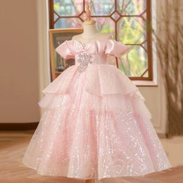 Luxurious Pink Flower Dresses Shiny Bling Tutu Lace Beaded Tiers Tulle Lilttle Kids Birthday Weddding Gowns Toddler Girl Pageant Bridesmaid Dress 403