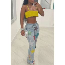 Women's Jeans Hight Waist Sequin Stars Denim Pants Hole Skinny Pencil Streetwear Summer Blue Clubwear Women Trousers wholesale brand