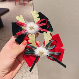 Headwear Hair Accessories Christmas Style Headwear Golden Velvet Bow Deer Horn Duckbill Clip Kids Christmas Hair Clip 231121