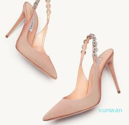 Top Luxury Aquazzura Love Link Sandals Shoes Women Pointy Toe Pump Crystal Circel-shaped Chain High Heels Party,Dress,Evening Lady Slingback