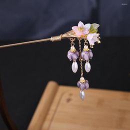 Hair Clips Chinese Flower Sticks Forks Gold Colour Metal Pins And Purple Floral Headpieces Women Party Accessories