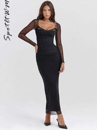 Sexy Black Backless Bodycon Dress Women V neck Sleeve Waist Sim Long Dresses Fashion Female High Street Vestidos