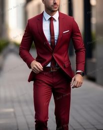 Red Men Tuxedos Business Suit Groom Groomsman Prom Wedding Party Formal 2 Piece Set Jacket And Pants 02