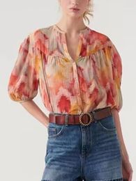 Women's Blouses Women 2023 Summer Single Breasted Loose Shirt Colourful Print Puff Sleeve V-neck / Skirt Dress