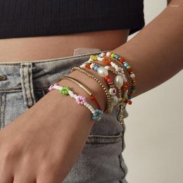 Strand DIEZI Ethnic Multilayer Multicolor Acrylic Beads Bracelets For Women Handmade Flower Heart Rope Bracelet Sets Bohemian Jewelry
