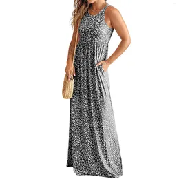 Casual Dresses Womens Leopard Pocket Sleeveless Bell Mouth Round For Summer Sundresses Women Midi Length
