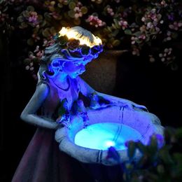 Flower Fairy Solar Decoration Resin Garden Statue Solar Light Glow in the Dark Yard Outdoor Sculpture Angel Figure Garden Decor Q0236R