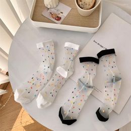 Women Socks Summer Ultra-thin Transparent Multicolor Polka Dot Crystal Silk Japanese Style Sweet Girls Elastic Long