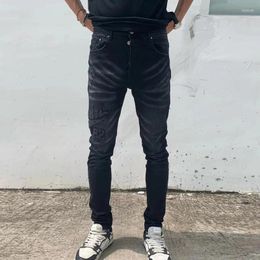 Men's Jeans High Street Fashion Men Retro Black Grey Elastic Skinny Fit Ripped Brand Patch Designer Hip Hop Pants Hombre