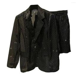 Men's Tracksuits Mens Autumn Winter Shiny Diamond Thin Suit Nightclub Casual Origin See-Through Mesh Sexy Two-Piece For Men