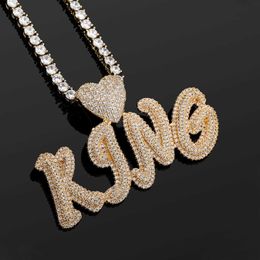 Best Selling Capital Letters Mosaic King Heart Charm Pendant Necklace Mens 14K White Gold Full Bling Cubic Zirconia CZ Stone Hip Hop Personalised Jewellery For Men