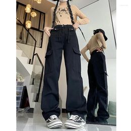 Women's Jeans WCFCX STUDIO Baggy Women Cargo Pants Vintage High Waist Streetwear Denim Black Pockets Straight Wide Leg Trousers