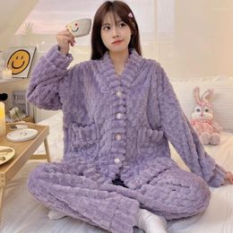 Women's Sleepwear Winter Jacquard Long Plush V-Neck Cardigan Sleeve Pants Solid Color Simple Warm Home Fur Set