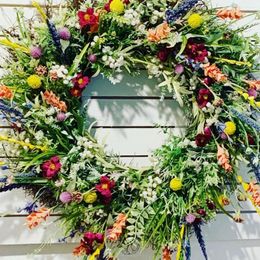 Decorative Flowers Wildflower Wreath: Spring/Summer Dried Flower Lavender Front Door Wreath Artificial Floral Decoration