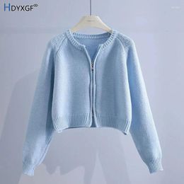 Women's Knits Blue Double-headed Zip-up Short Knitted Cardigans Solid Color O-neck Long Sleeve Soft Sweater Loose Warm Small Knitwear Tops