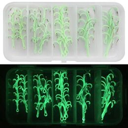 40PCS Box Luminous Fishing Treble Hooks 2#4#6#8#10# High Carbon Steel Accessories Supplies Lures Glow In Night230N