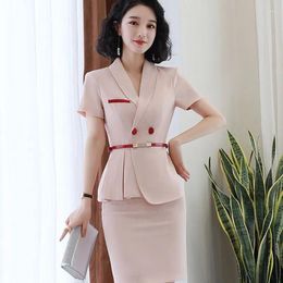 Two Piece Dress IZICFLY Summer Style Pink 2 Business Suit Women Uniform Elegant Lady Work Wear Blazer Set With Skirt-Include Belt