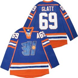 하키 영화 Halifax Highlanders Jersey 69 Doug Glatt The Thug Goon 스포츠 팬을위한 스티치 대학 통기성 빈티지 풀오버 팀 블루 빈티지