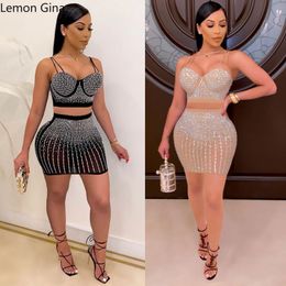 Two Piece Dress Lemon Gina Elegant Rhinestones Women's Set Diamonds Crop Top and Mini Skirts Summer Two 2 Piece Set Party Club Outfits 230421