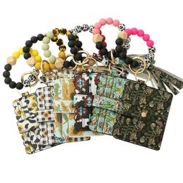PU Leather Wallet Silicone Bead Keychains Card Bag Wrist Beaded Keychain Christmas Gift Key Ring