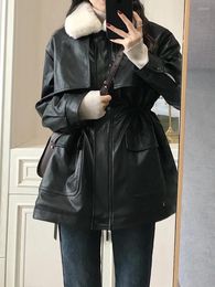 Women's Trench Coats 2023 Autumn And Winter Loose Fit Motorcycle Wear With Plush Thickened Granular Fashion PU Leather Coat For Women