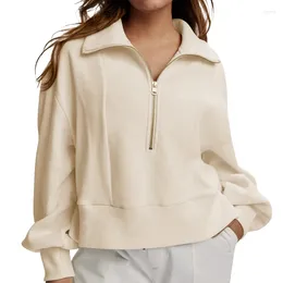 Women's Hoodies Casual Half Zippered Long Sleeved Pullover Sweatshirt 2023 Autumn/Winter Solid Colour Lapel Loose Sweater For Women S-XXL