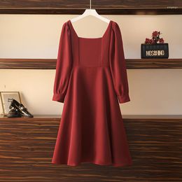 Casual Dresses Women Birthday Party 2023 Sweet Dress Long Sleeve Square Collar Vintage Elegant Winter Autumn Black Red Clothes